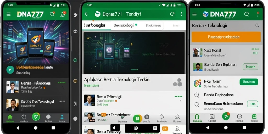 Antarmuka aplikas DNA777 menampilkan berita teknologi terkini dengan desain menarik.