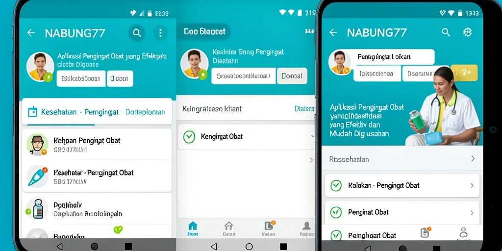 Antarmuka pengguna NABUNG77 dengan fitur Pengingat Obat yang jelas dan mudah digunakan.